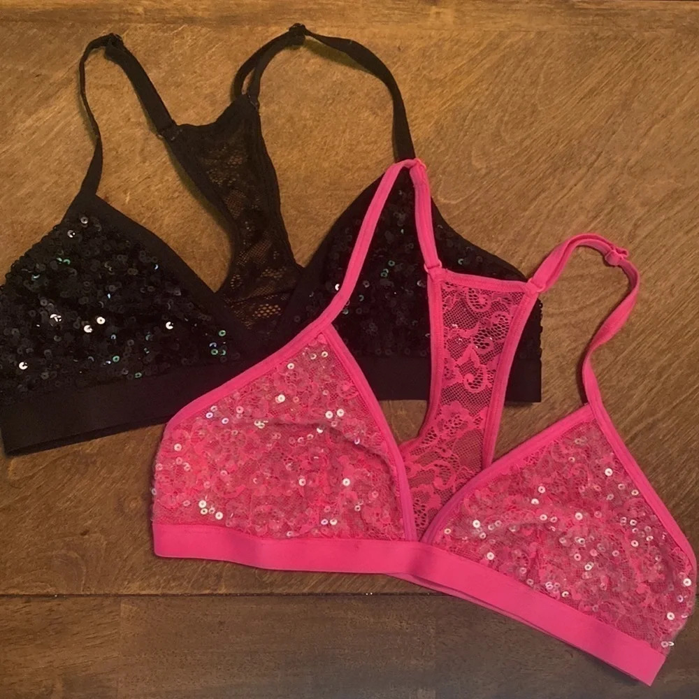 Bundle VS Pink Sequin Embellished Racerback Lace Bralettes 💗🖤​​​​​​​​​